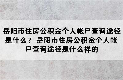 岳阳市住房公积金个人帐户查询途径是什么？ 岳阳市住房公积金个人帐户查询途径是什么样的